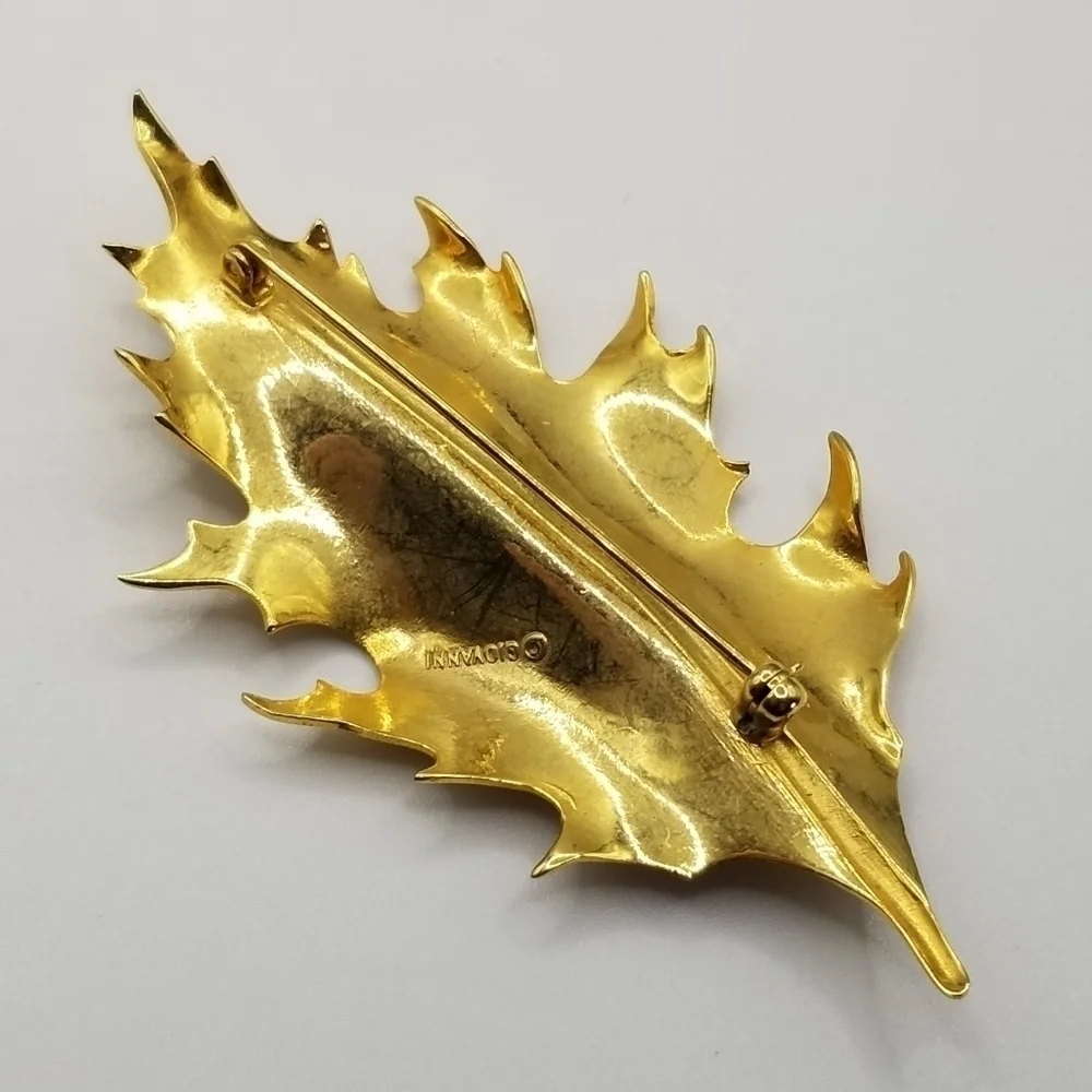 Vintage Giovanni Leaf Gold Tone Bar Pin Brooch Realistic Autumn Signed Nature 3